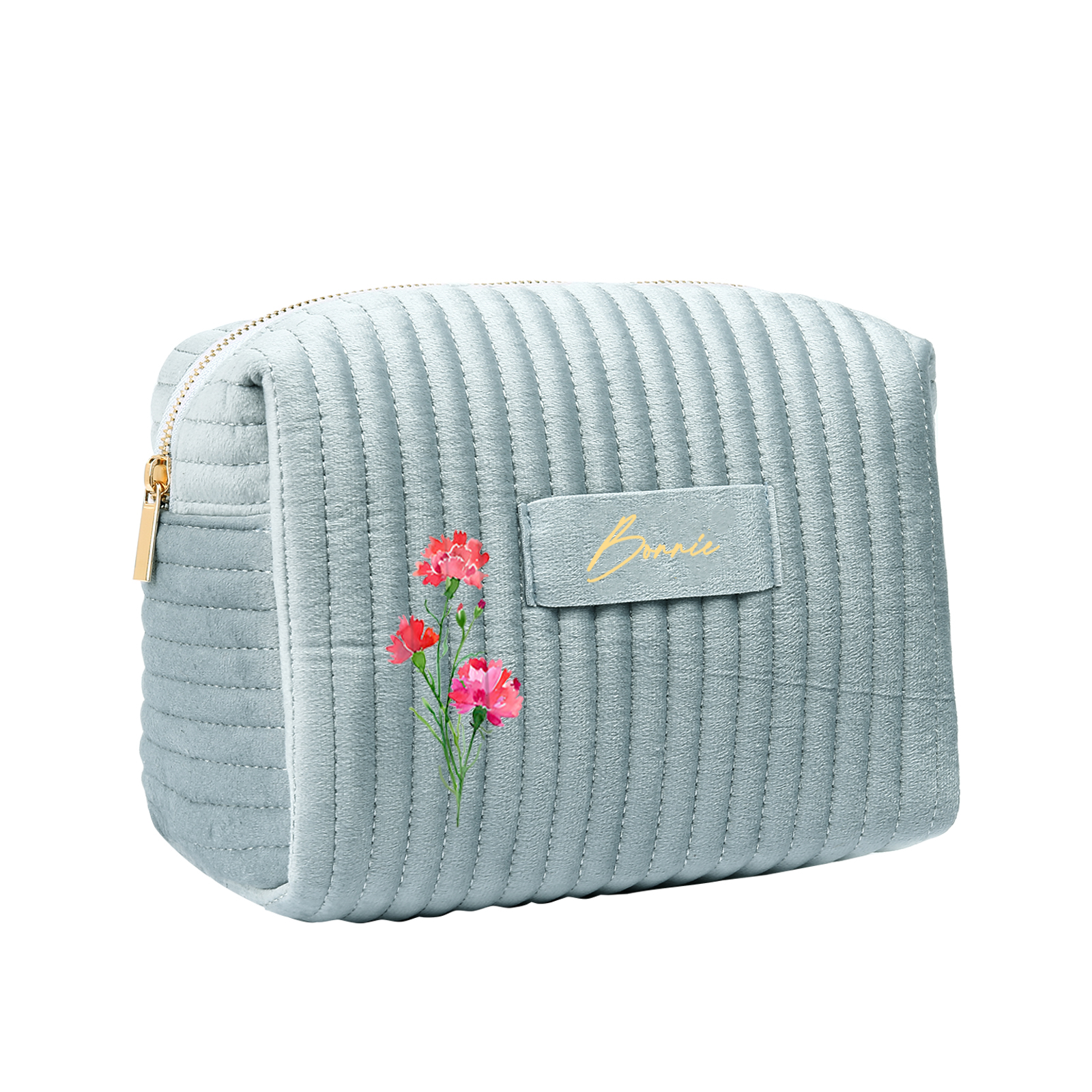 Ladies Personalised Name and Birthflower Velvet Custom Travel Cosmetic Makeup Bag With Compartments - Wedding Gift for Bridesmaid 