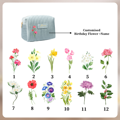 Ladies Personalised Name and Birthflower Velvet Custom Travel Cosmetic Makeup Bag With Compartments - Wedding Gift for Bridesmaid 