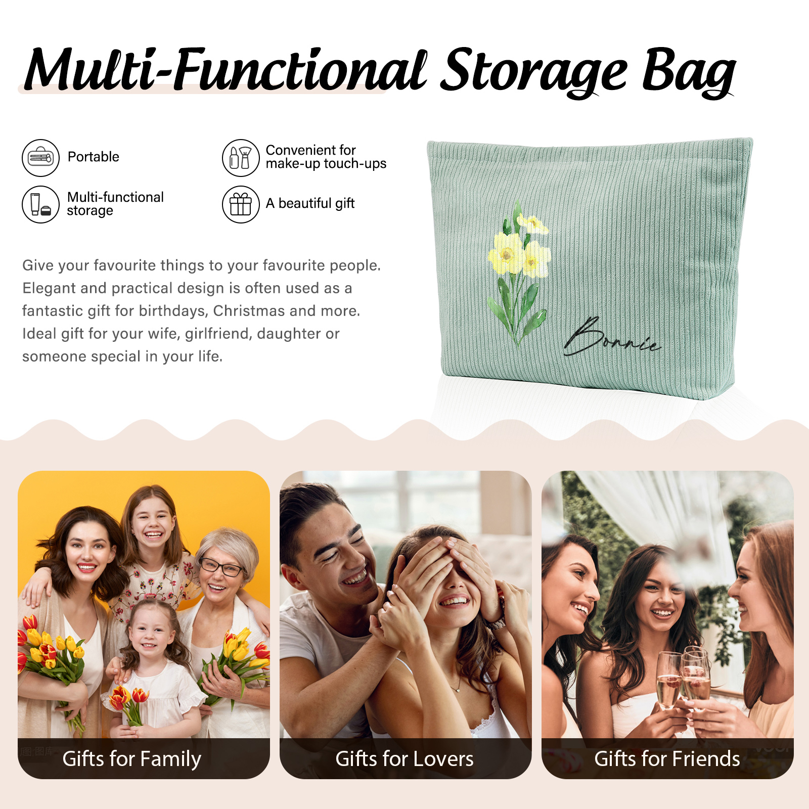 Personalized Custom 1 Name And 1 Birthflower Makeup Bag, Custom Corduroy Makeup Bag, Personalized Gifts In Multiple Colors