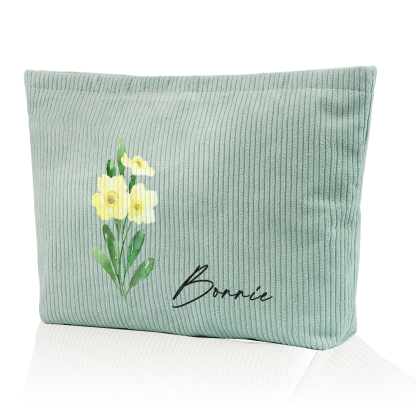 Personalized Custom 1 Name And 1 Birthflower Makeup Bag, Custom Corduroy Makeup Bag, Personalized Gifts In Multiple Colors