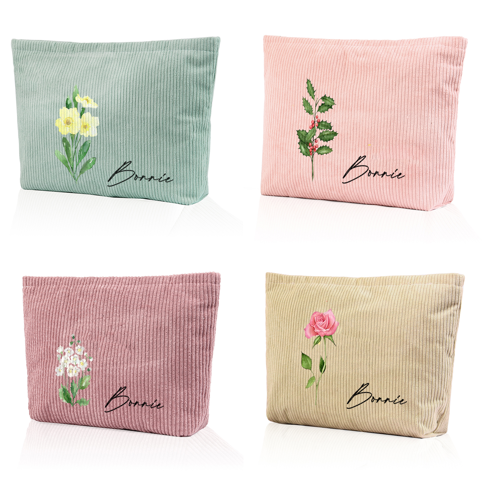 Personalized Custom 1 Name And 1 Birthflower Makeup Bag, Custom Corduroy Makeup Bag, Personalized Gifts In Multiple Colors