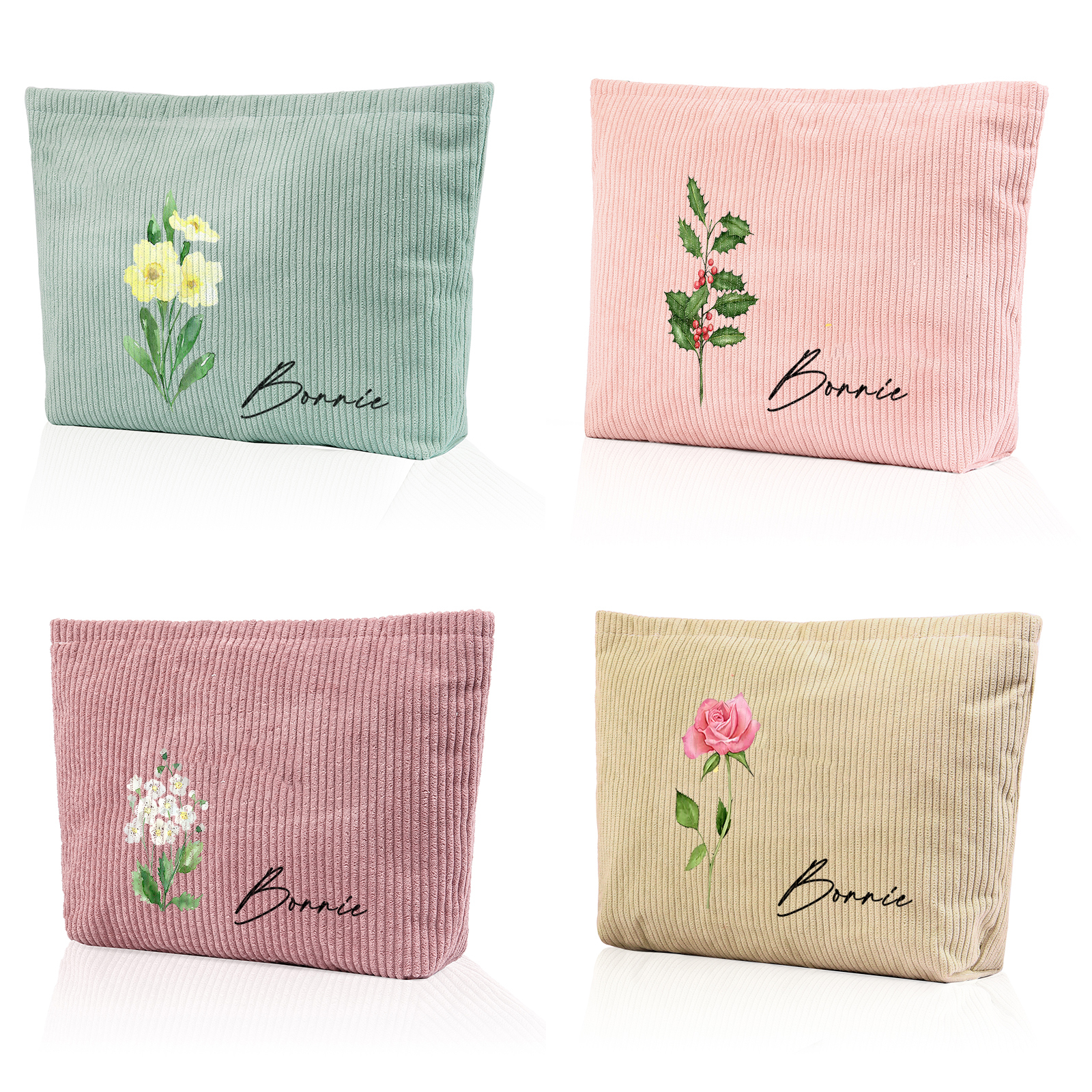 Personalized Custom 1 Name And 1 Birthflower Makeup Bag, Custom Corduroy Makeup Bag, Personalized Gifts In Multiple Colors