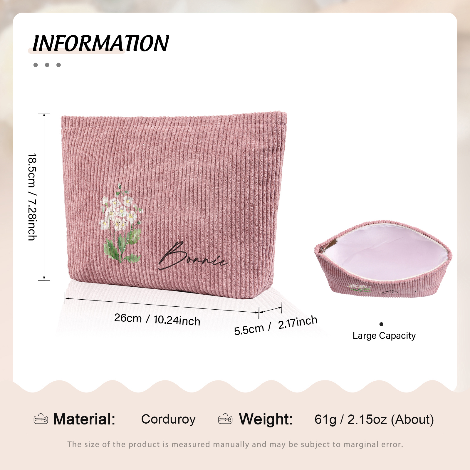 Personalized Custom 1 Name And 1 Birthflower Makeup Bag, Custom Corduroy Makeup Bag, Personalized Gifts In Multiple Colors