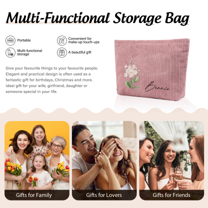 Personalized Custom 1 Name And 1 Birthflower Makeup Bag, Custom Corduroy Makeup Bag, Personalized Gifts In Multiple Colors