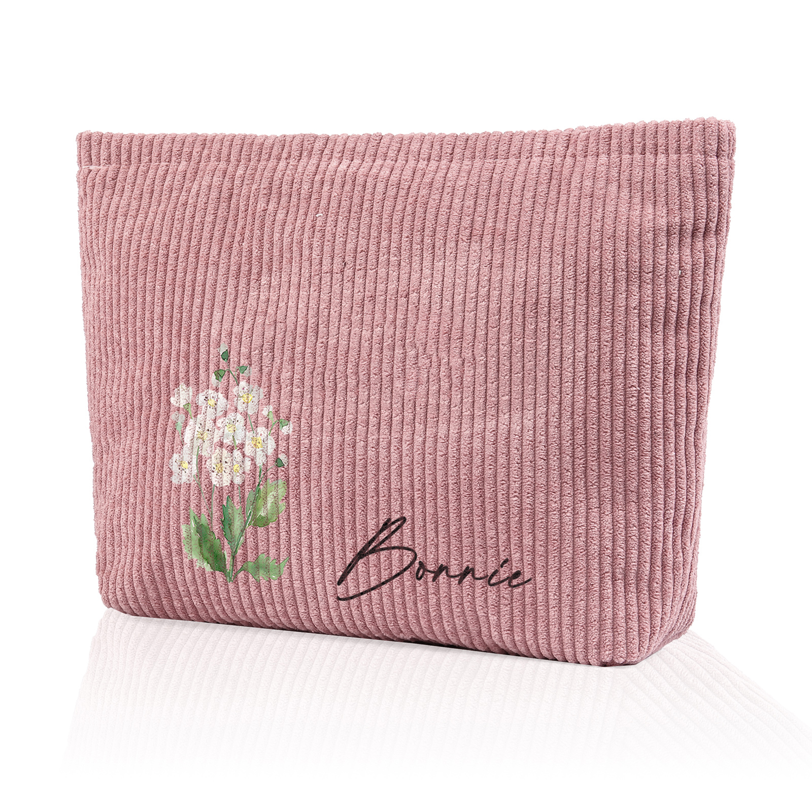 Personalized Custom 1 Name And 1 Birthflower Makeup Bag, Custom Corduroy Makeup Bag, Personalized Gifts In Multiple Colors