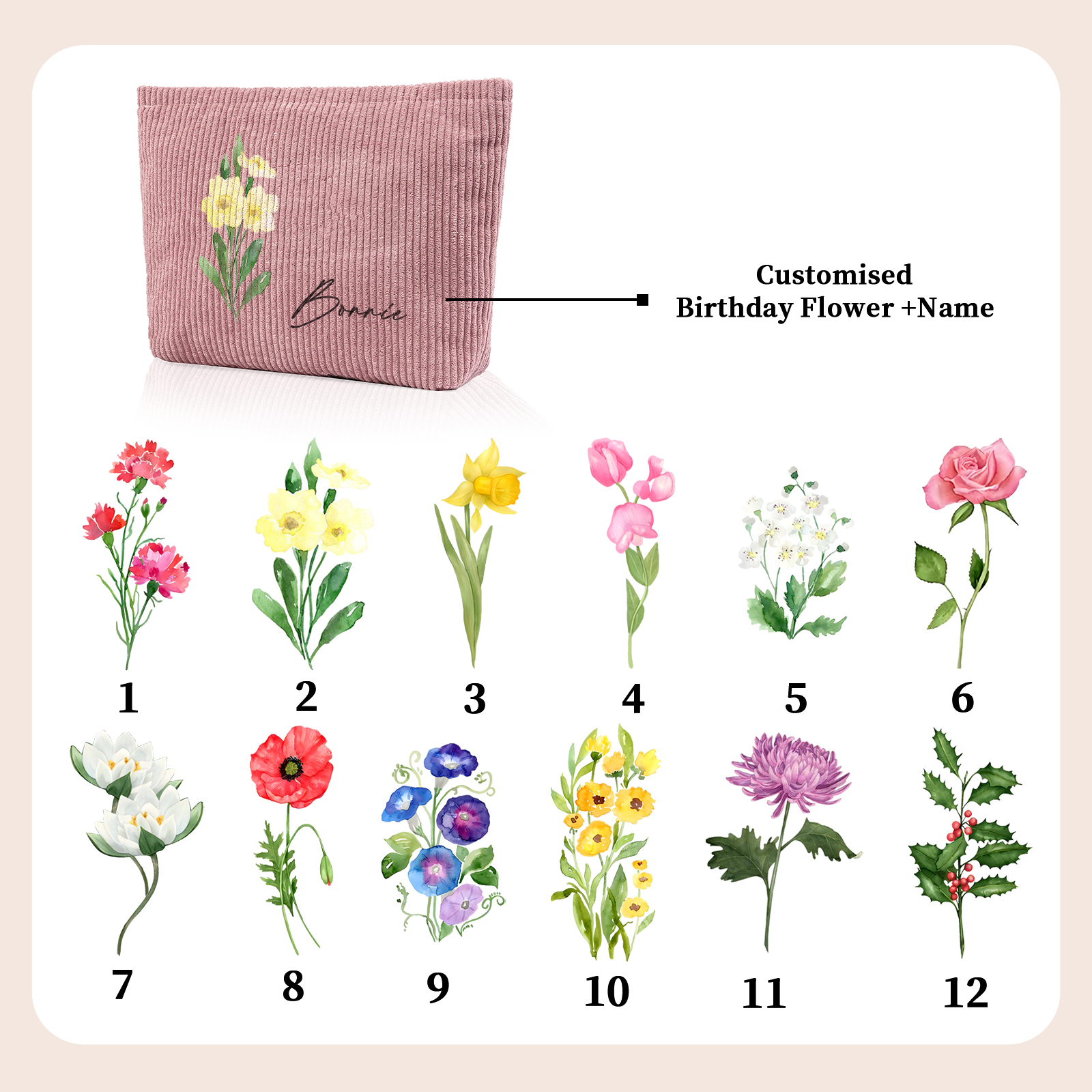 Personalized Custom 1 Name And 1 Birthflower Makeup Bag, Custom Corduroy Makeup Bag, Personalized Gifts In Multiple Colors