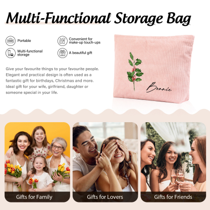 Personalized Custom 1 Name And 1 Birthflower Makeup Bag, Custom Corduroy Makeup Bag, Personalized Gifts In Multiple Colors