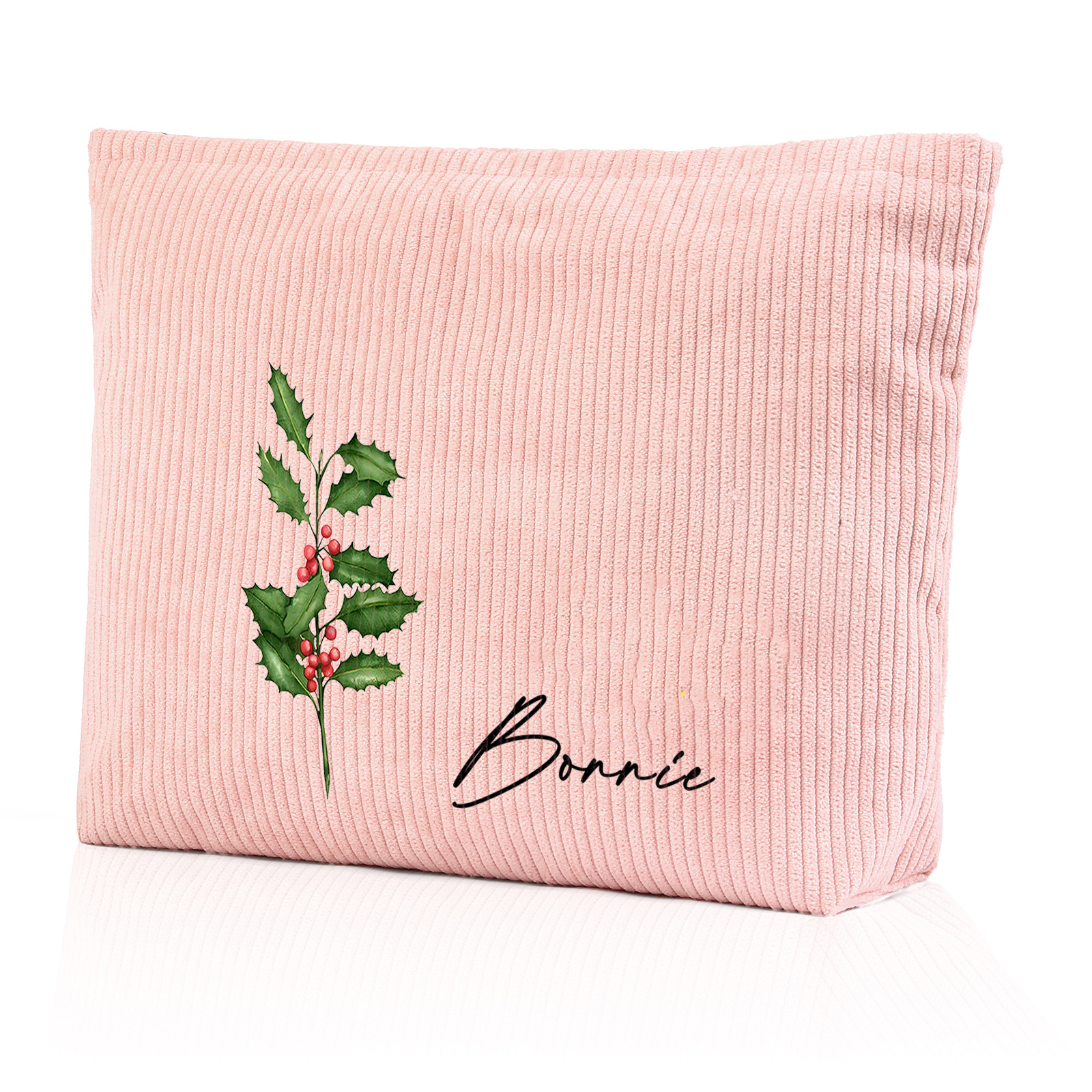 Personalized Custom 1 Name And 1 Birthflower Makeup Bag, Custom Corduroy Makeup Bag, Personalized Gifts In Multiple Colors