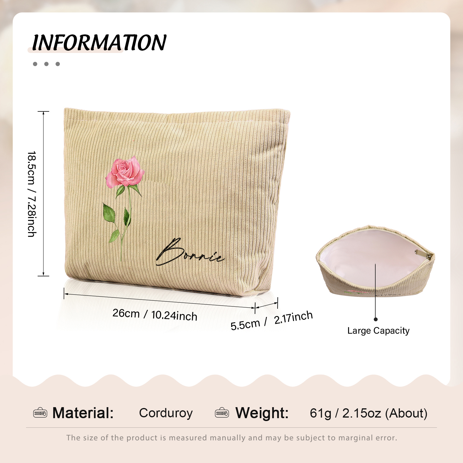 Personalized Custom 1 Name And 1 Birthflower Makeup Bag, Custom Corduroy Makeup Bag, Personalized Gifts In Multiple Colors
