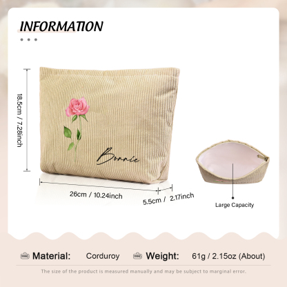 Personalized Custom 1 Name And 1 Birthflower Makeup Bag, Custom Corduroy Makeup Bag, Personalized Gifts In Multiple Colors