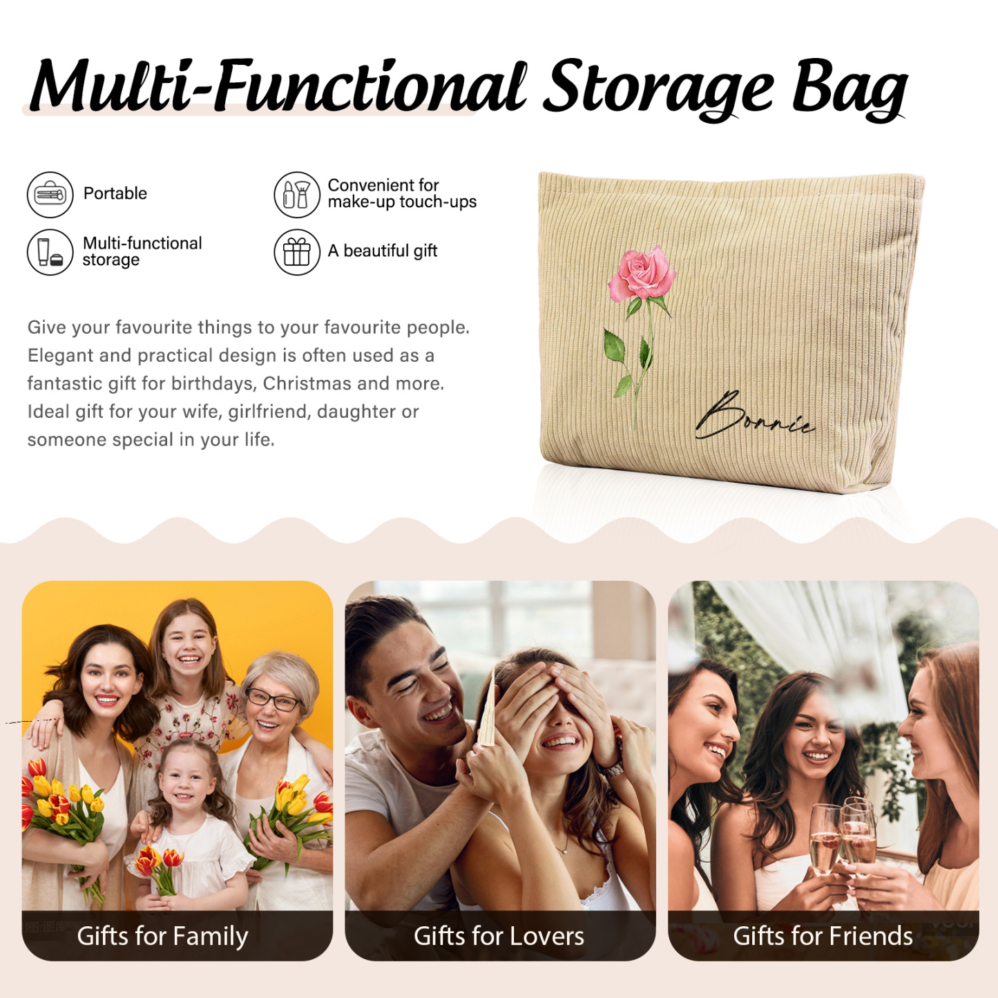 Personalized Custom 1 Name And 1 Birthflower Makeup Bag, Custom Corduroy Makeup Bag, Personalized Gifts In Multiple Colors