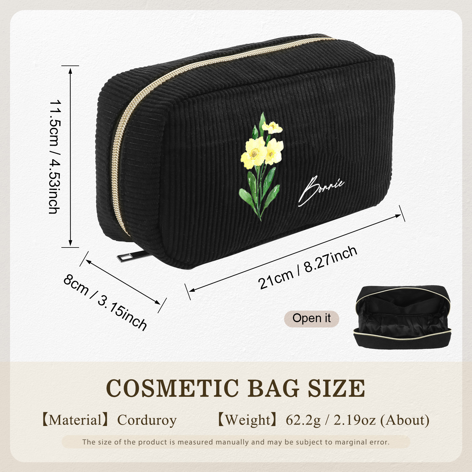 Personalized Custom 1 Name And 1 Birthflower Cosmetic Bag, Custom Corduroy Cosmetic Bag, Personalized Gift In Multiple Colors
