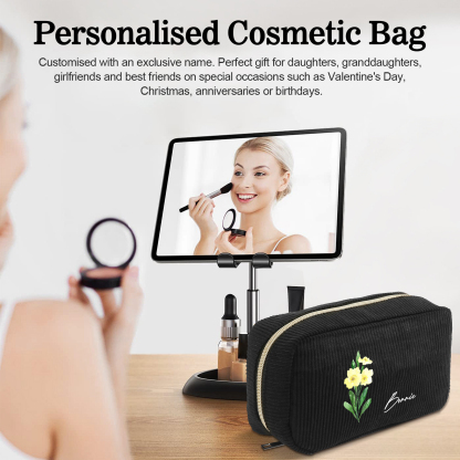 Personalized Custom 1 Name And 1 Birthflower Cosmetic Bag, Custom Corduroy Cosmetic Bag, Personalized Gift In Multiple Colors
