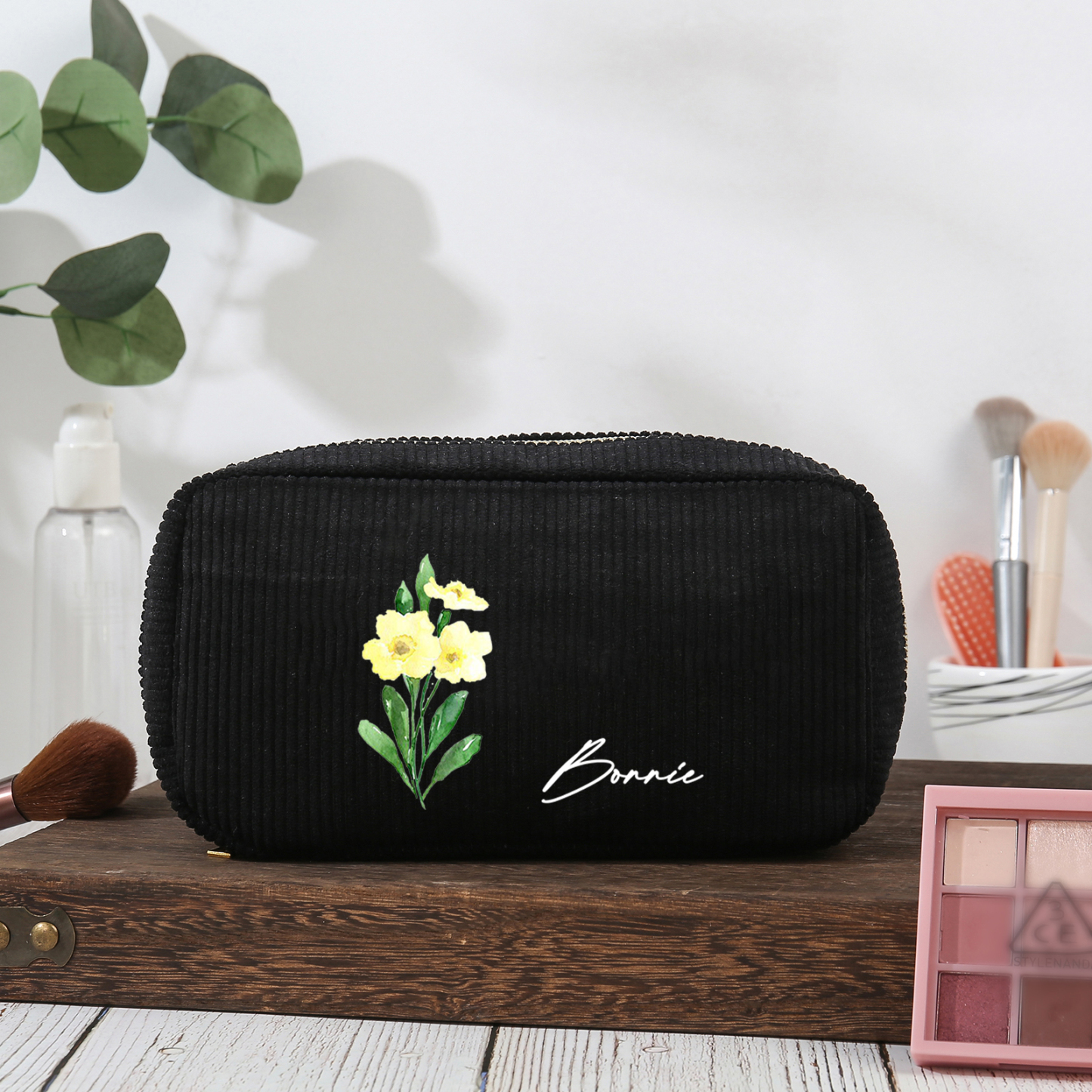 Jessemade UK Personalized Custom 1 Name And 1 Birthflower Cosmetic Bag, Custom Corduroy Cosmetic Bag, Personalized Gift In Multiple Colors 20.99 n1-f1