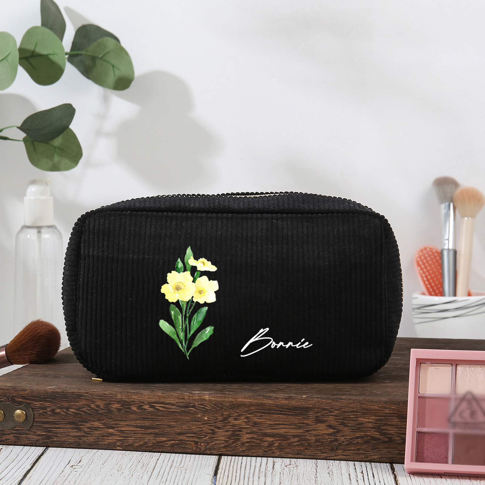Jessemade UK Personalized Custom 1 Name And 1 Birthflower Cosmetic Bag, Custom Corduroy Cosmetic Bag, Personalized Gift In Multiple Colors 20.99 n1-f1