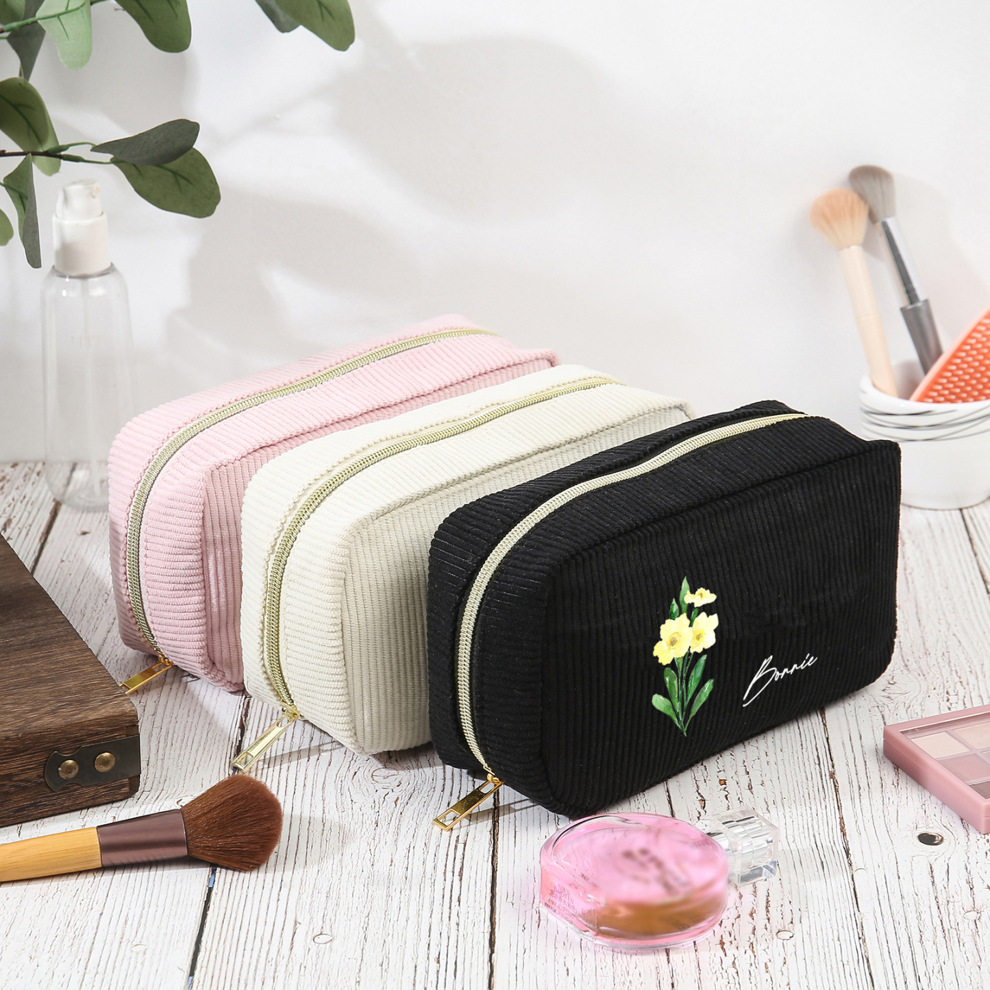 Personalized Custom 1 Name And 1 Birthflower Cosmetic Bag, Custom Corduroy Cosmetic Bag, Personalized Gift In Multiple Colors