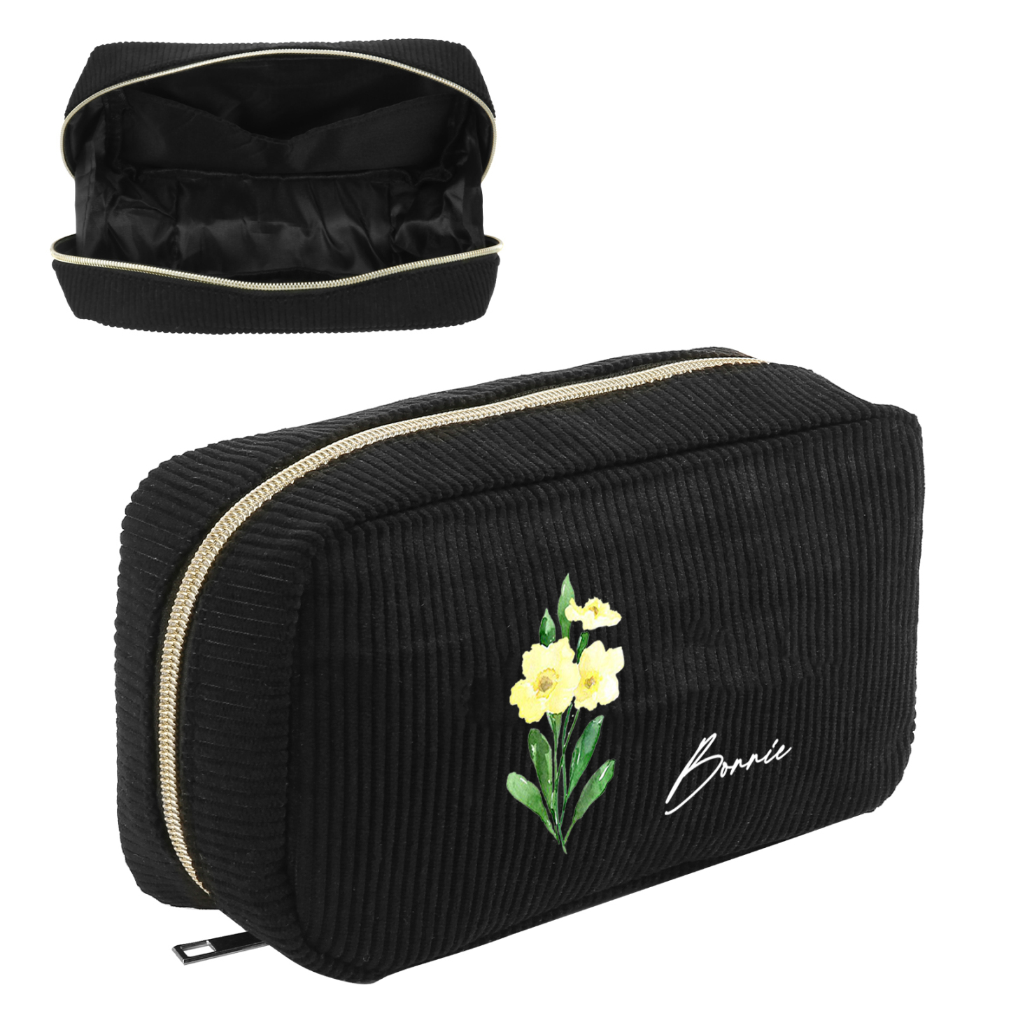 Personalized Custom 1 Name And 1 Birthflower Cosmetic Bag, Custom Corduroy Cosmetic Bag, Personalized Gift In Multiple Colors