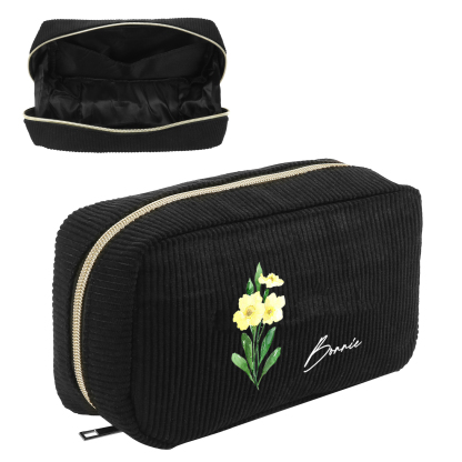 Personalized Custom 1 Name And 1 Birthflower Cosmetic Bag, Custom Corduroy Cosmetic Bag, Personalized Gift In Multiple Colors