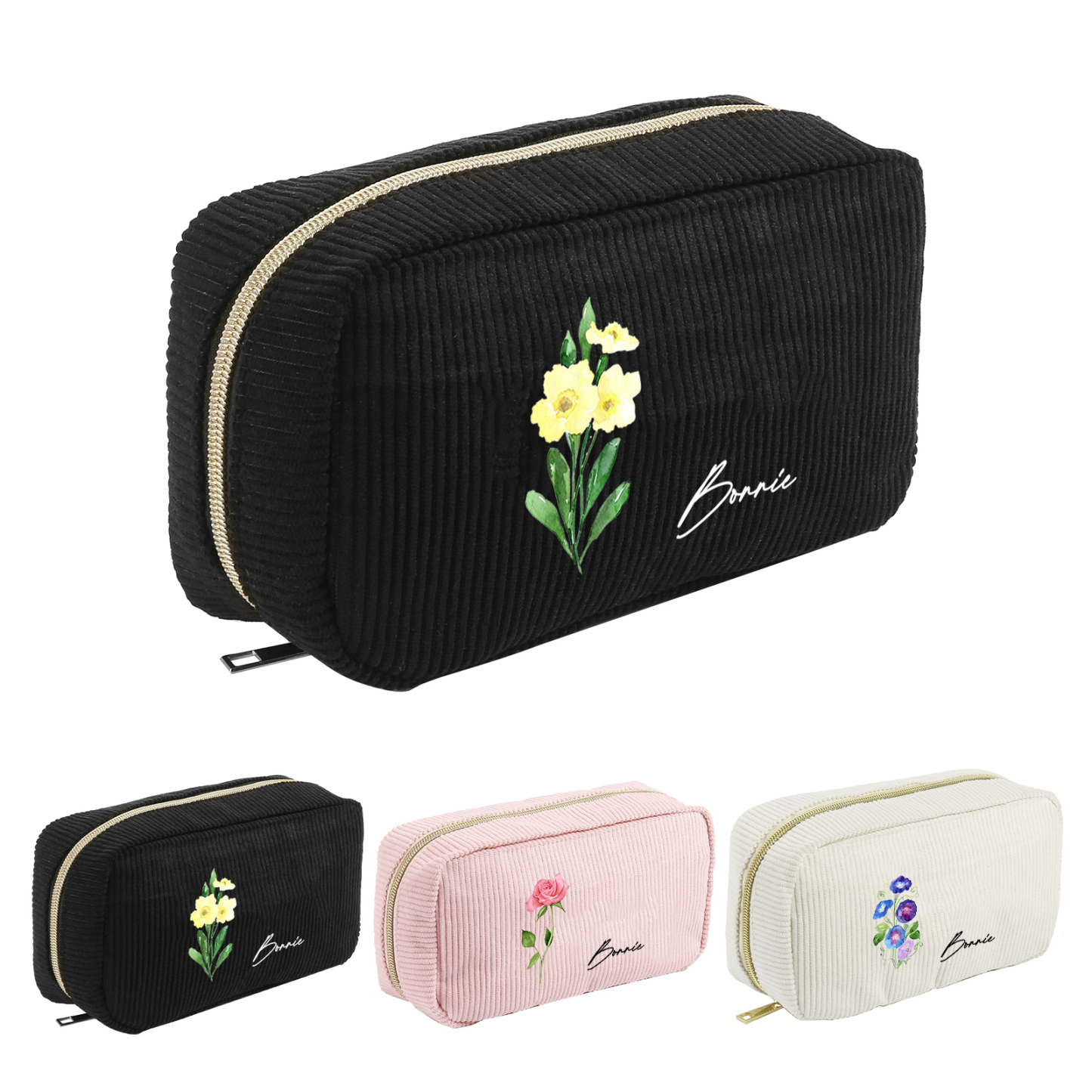 Personalized Custom 1 Name And 1 Birthflower Cosmetic Bag, Custom Corduroy Cosmetic Bag, Personalized Gift In Multiple Colors