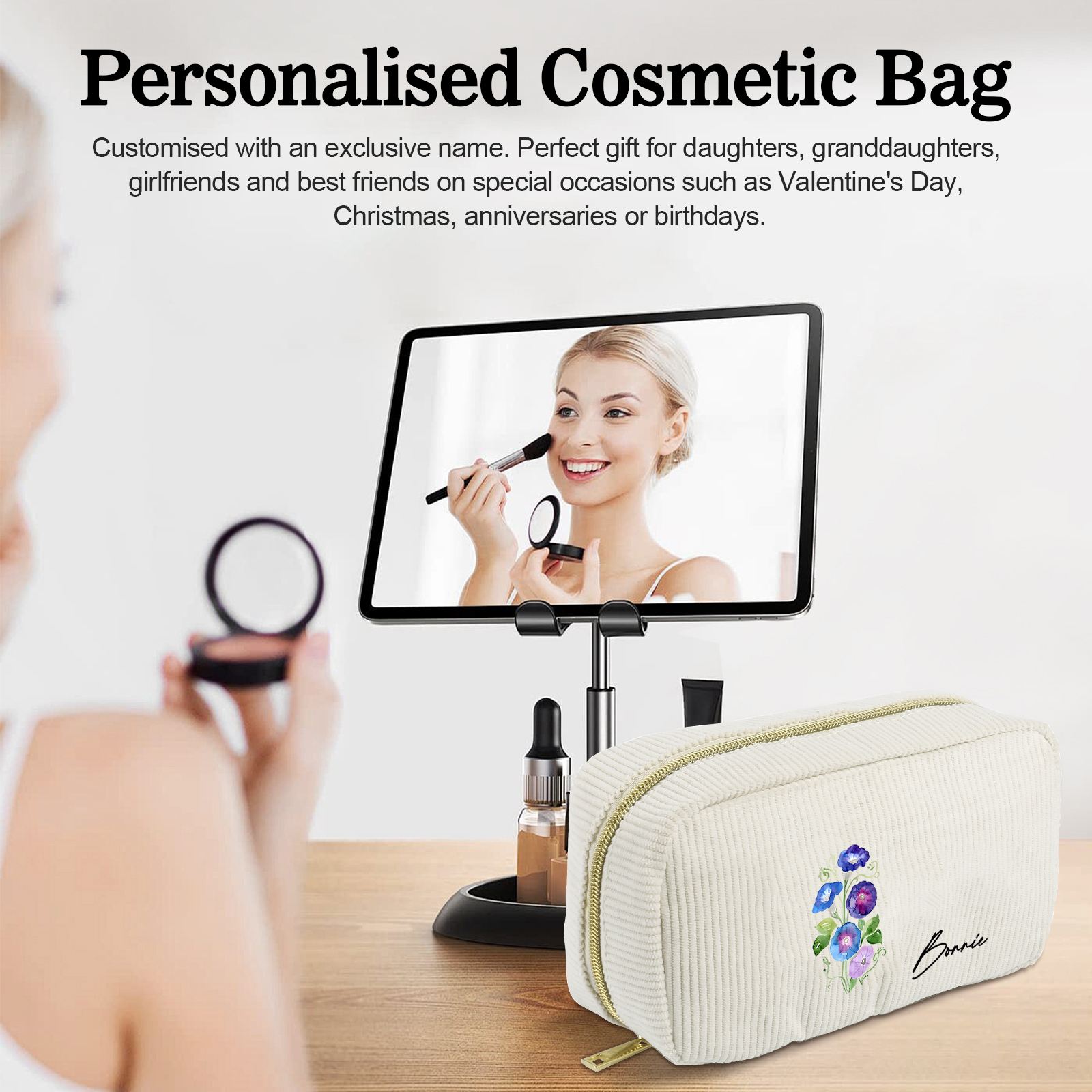 Personalized Custom 1 Name And 1 Birthflower Cosmetic Bag, Custom Corduroy Cosmetic Bag, Personalized Gift In Multiple Colors