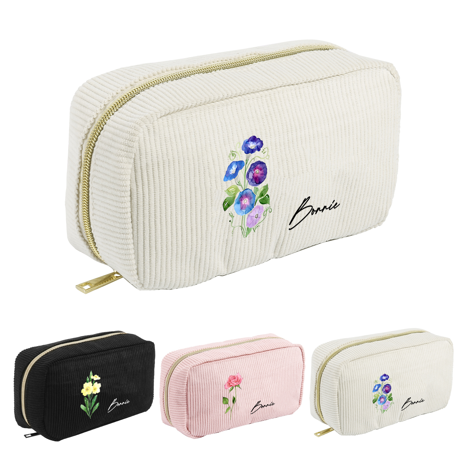 Personalized Custom 1 Name And 1 Birthflower Cosmetic Bag, Custom Corduroy Cosmetic Bag, Personalized Gift In Multiple Colors