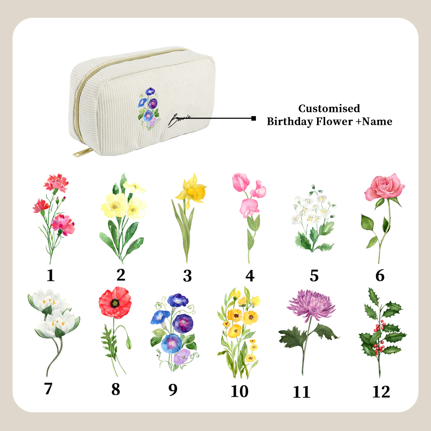 Personalized Custom 1 Name And 1 Birthflower Cosmetic Bag, Custom Corduroy Cosmetic Bag, Personalized Gift In Multiple Colors