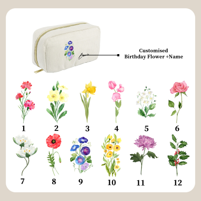 Personalized Custom 1 Name And 1 Birthflower Cosmetic Bag, Custom Corduroy Cosmetic Bag, Personalized Gift In Multiple Colors