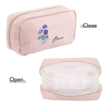 Personalized Custom 1 Name And 1 Birthflower Cosmetic Bag, Custom Corduroy Cosmetic Bag, Personalized Gift In Multiple Colors
