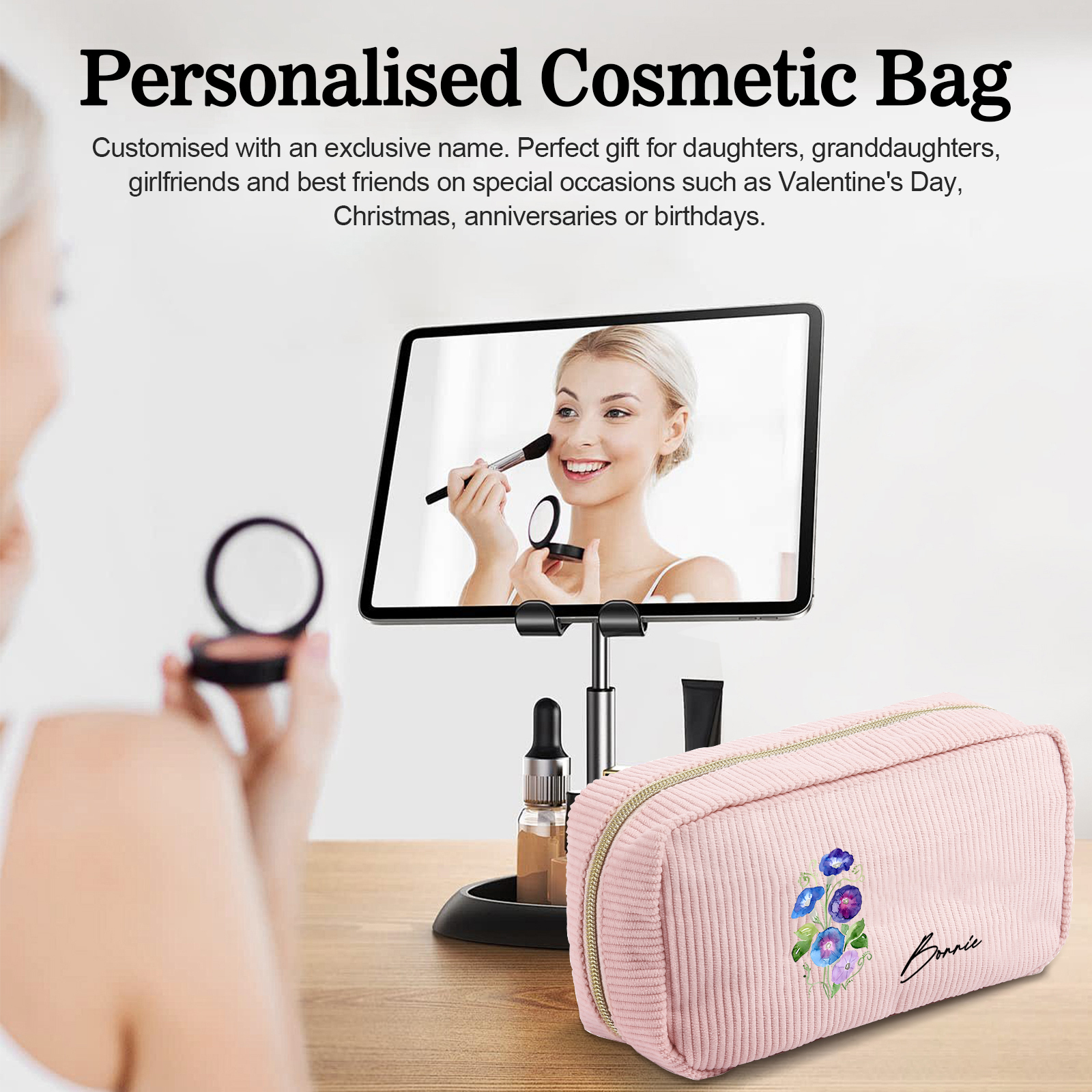 Personalized Custom 1 Name And 1 Birthflower Cosmetic Bag, Custom Corduroy Cosmetic Bag, Personalized Gift In Multiple Colors