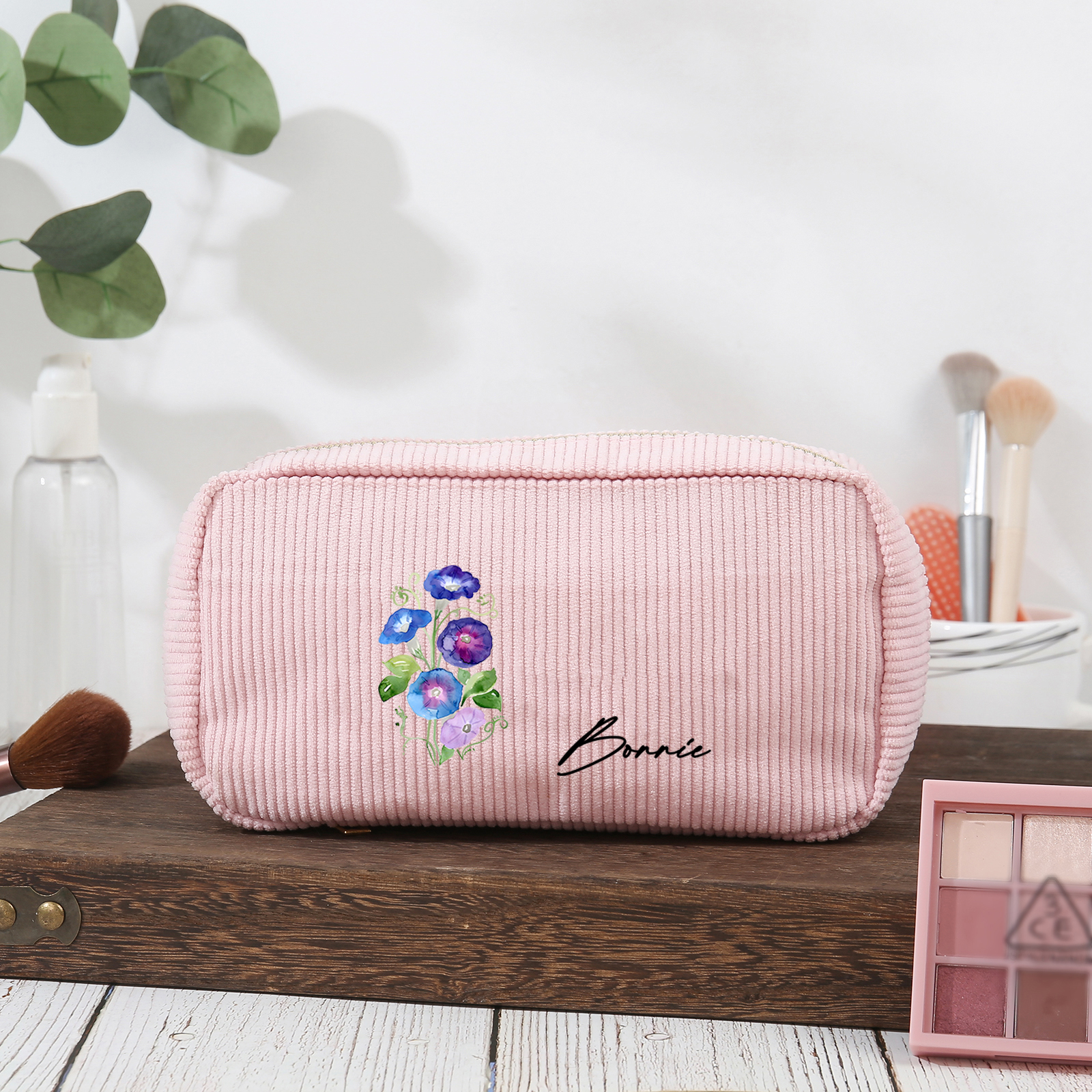 Personalized Custom 1 Name And 1 Birthflower Cosmetic Bag, Custom Corduroy Cosmetic Bag, Personalized Gift In Multiple Colors