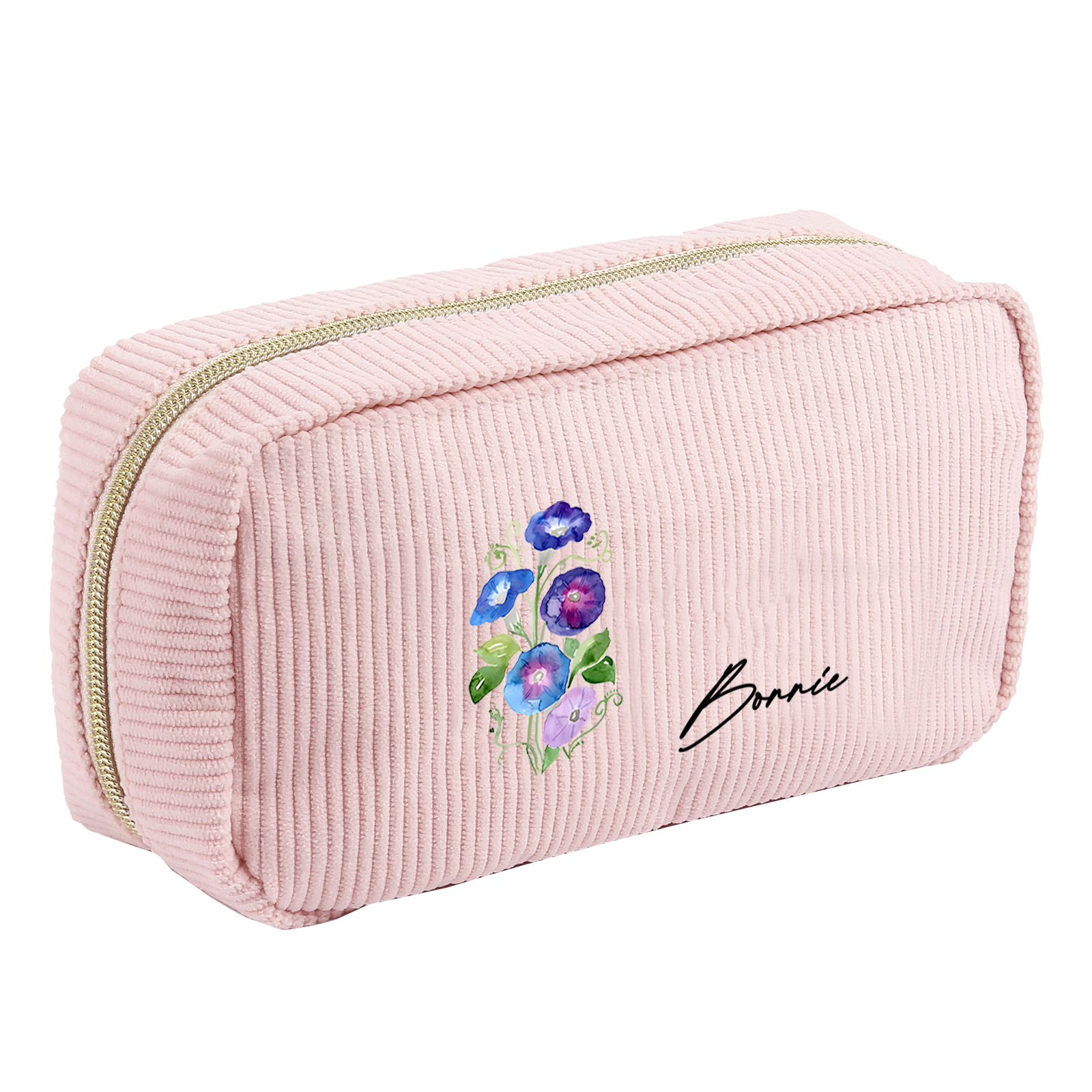 Personalized Custom 1 Name And 1 Birthflower Cosmetic Bag, Custom Corduroy Cosmetic Bag, Personalized Gift In Multiple Colors