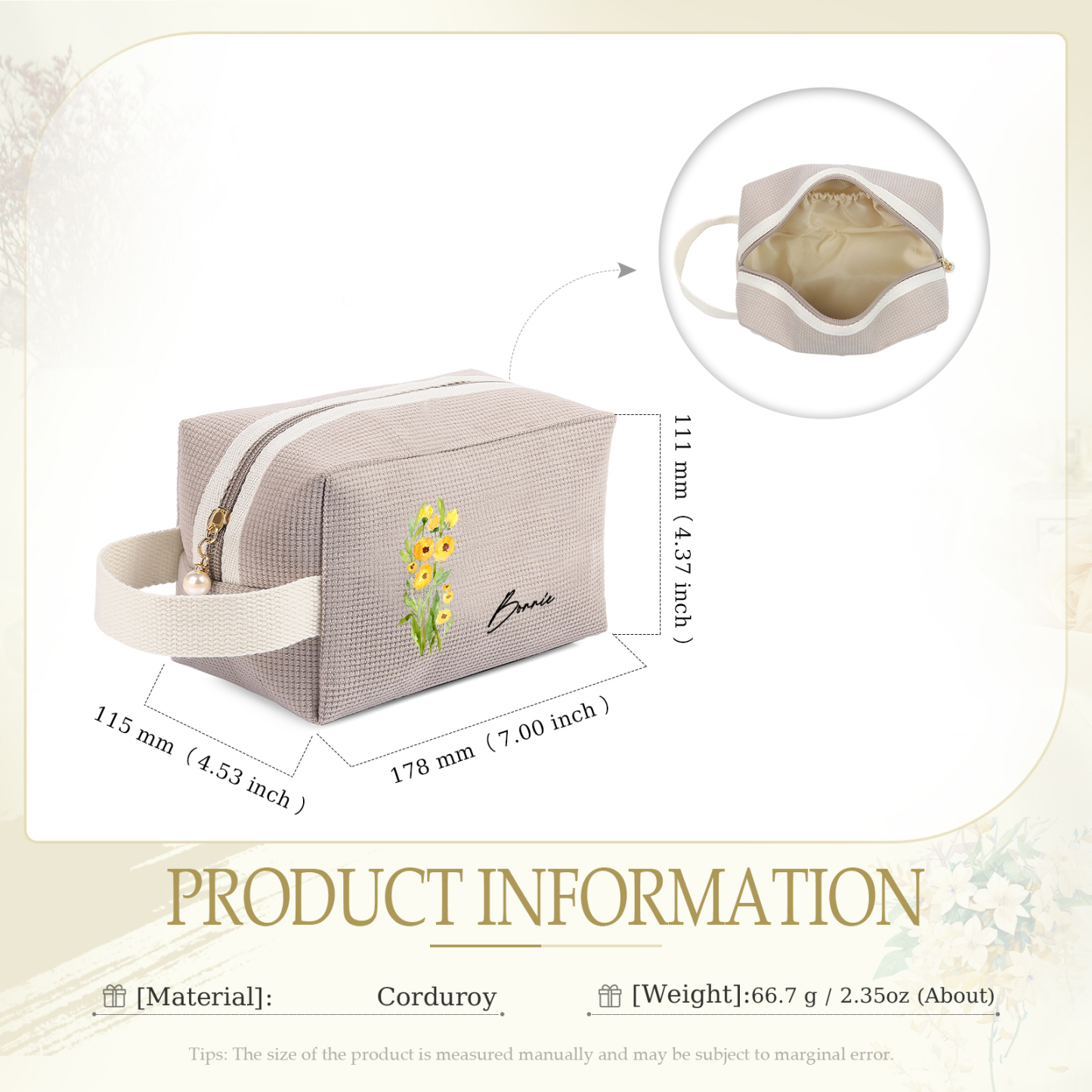 Personalized Name And Birthflower Cosmetic Bag, Travel Cosmetic Bag Women'S Customized Gift