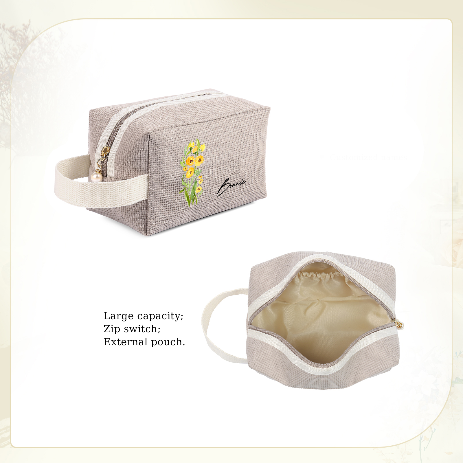 Personalized Name And Birthflower Cosmetic Bag, Travel Cosmetic Bag Women'S Customized Gift