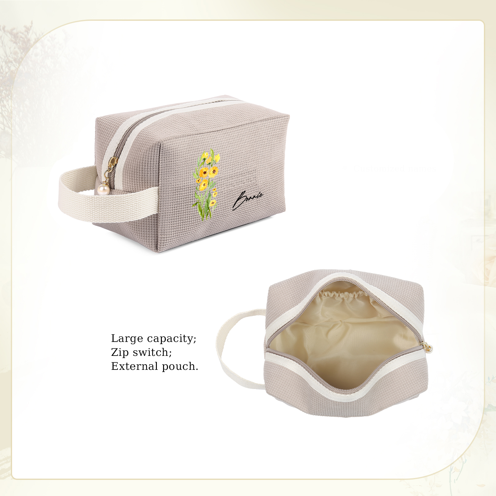 Personalized Name And Birthflower Cosmetic Bag, Travel Cosmetic Bag Women'S Customized Gift