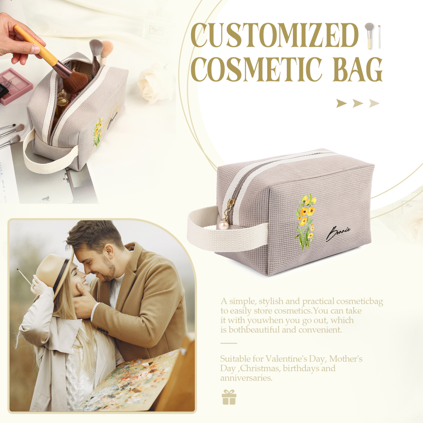 Personalized Name And Birthflower Cosmetic Bag, Travel Cosmetic Bag Women'S Customized Gift