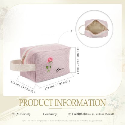 Personalized Name And Birthflower Cosmetic Bag, Travel Cosmetic Bag Women'S Customized Gift