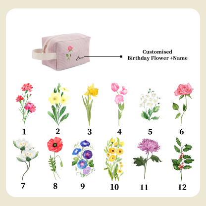 Personalized Name And Birthflower Cosmetic Bag, Travel Cosmetic Bag Women'S Customized Gift