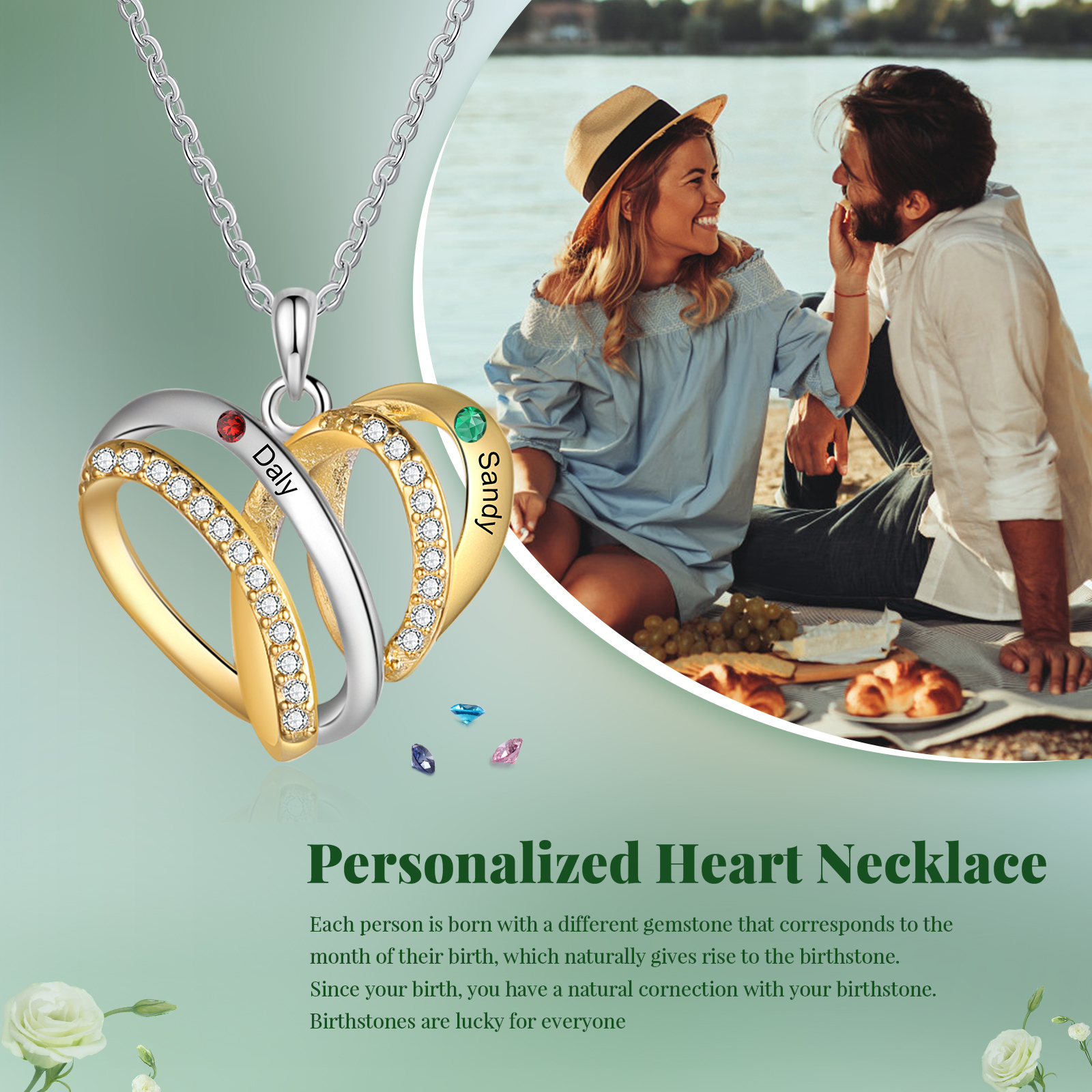 Personalised Two-Tone Heart Necklace Customized With 2 Names and 2 Birthstones for Nan | Jessmade