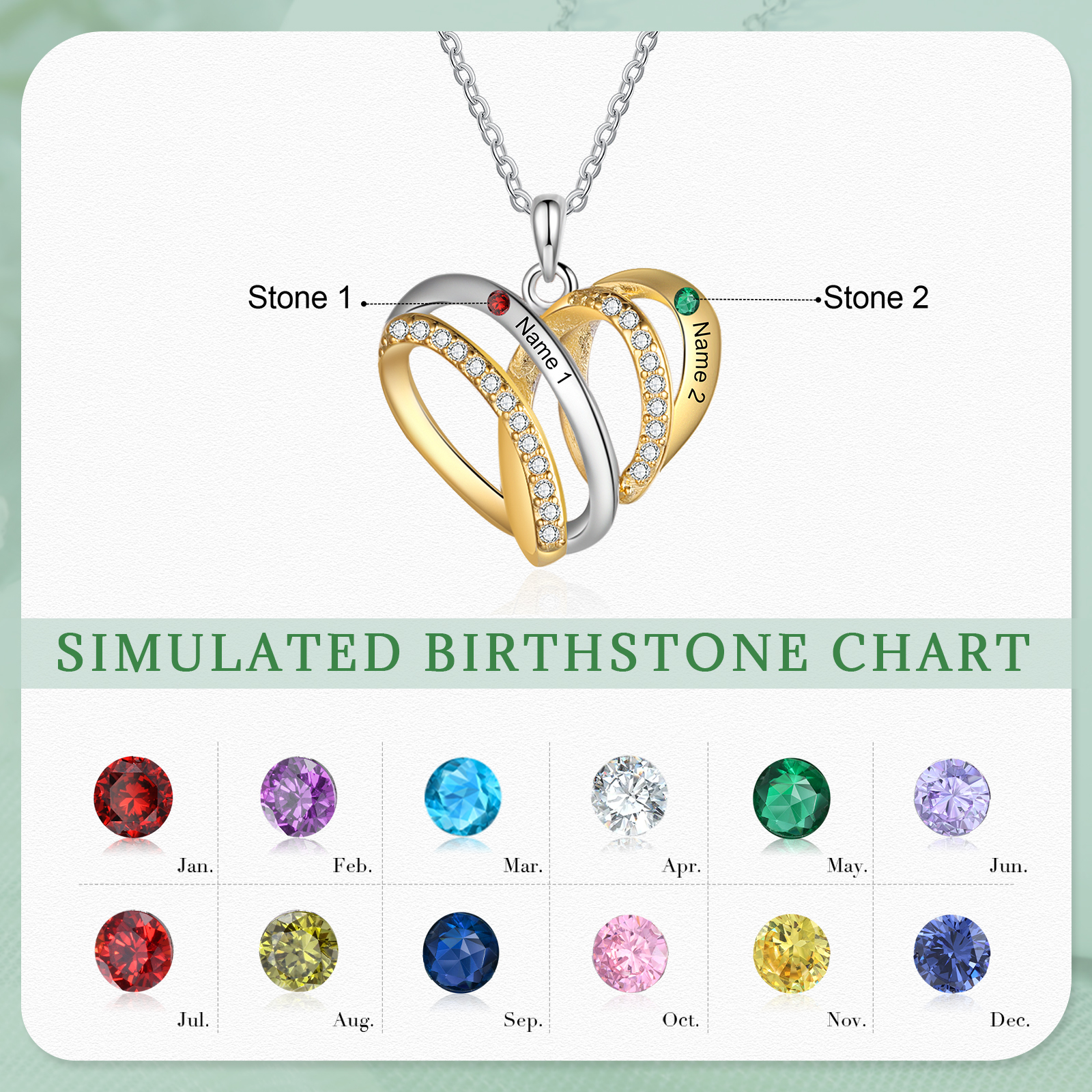 Personalised Two-Tone Heart Necklace Customized With 2 Names and 2 Birthstones for Nan | Jessmade