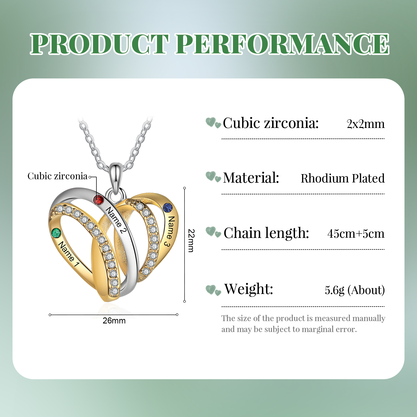 Personalised Two-Tone Heart Necklace Customized With 3 Names and 3 Birthstones for Nan | Jessmade