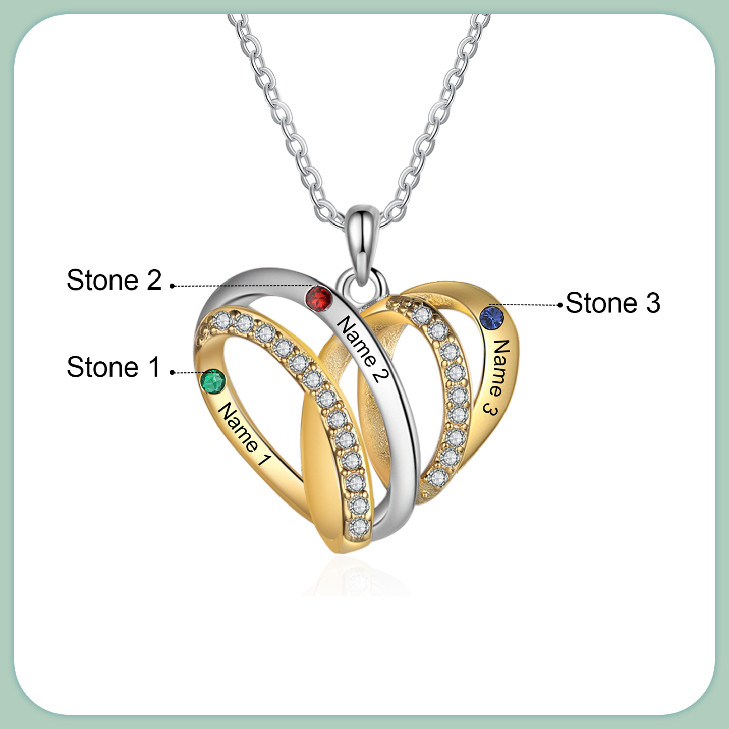 Personalised Two-Tone Heart Necklace Customized With 3 Names and 3 Birthstones for Nan | Jessmade