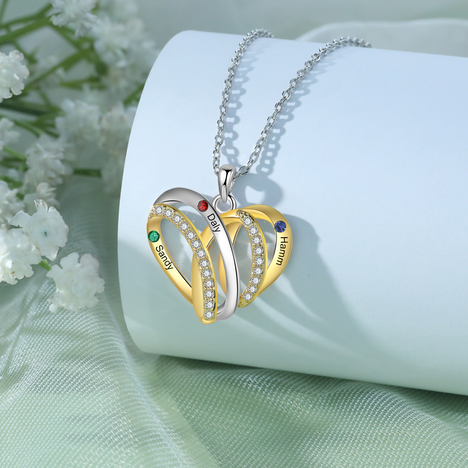 Personalised Two-Tone Heart Necklace Customized With 3 Names and 3 Birthstones for Nan | Jessmade