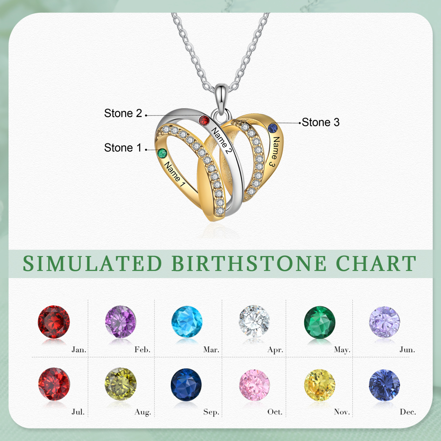 Personalised Two-Tone Heart Necklace Customized With 3 Names and 3 Birthstones for Nan | Jessmade