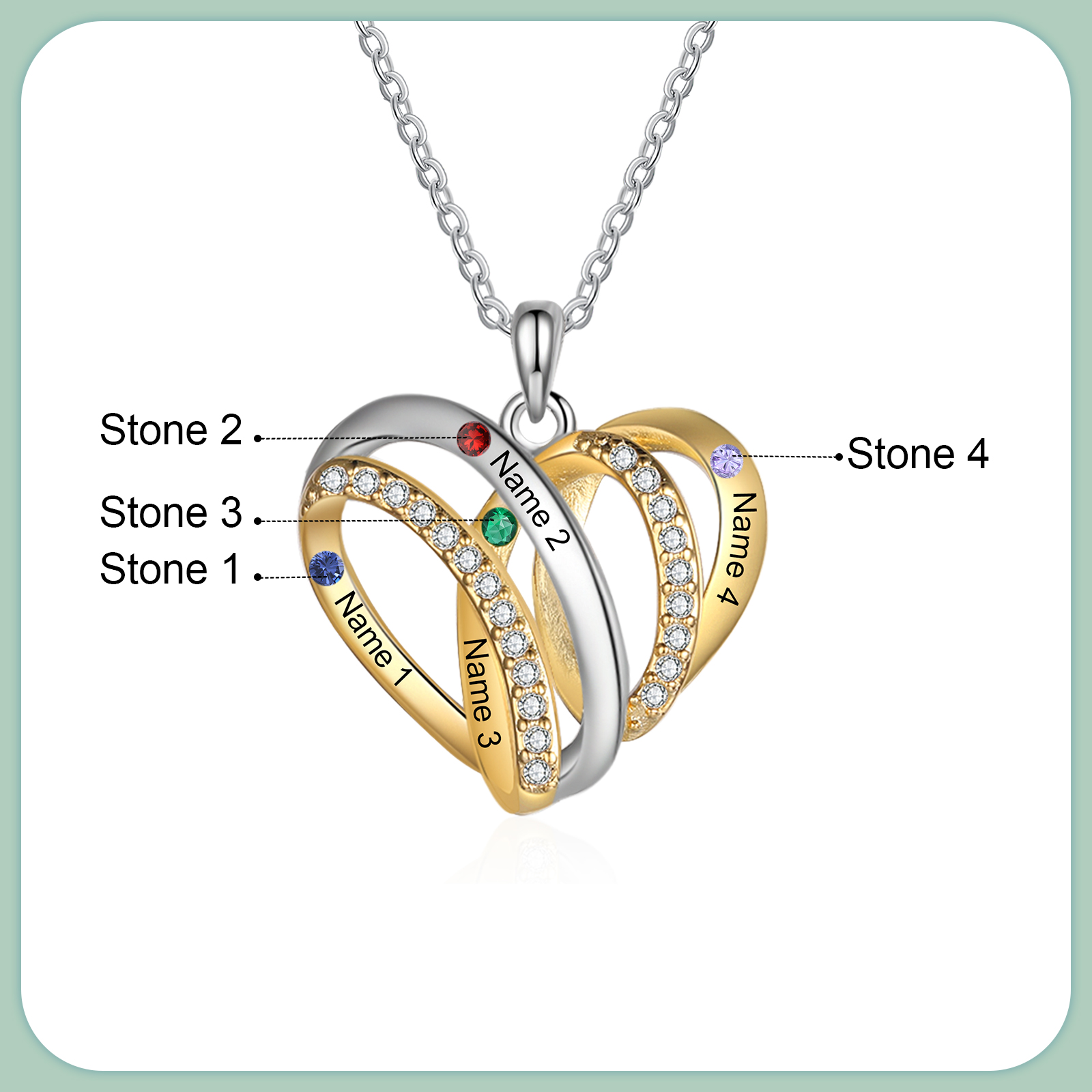 Personalised Two-Tone Heart Necklace Customized With 4 Names and 4 Birthstones for Nan | Jessmade