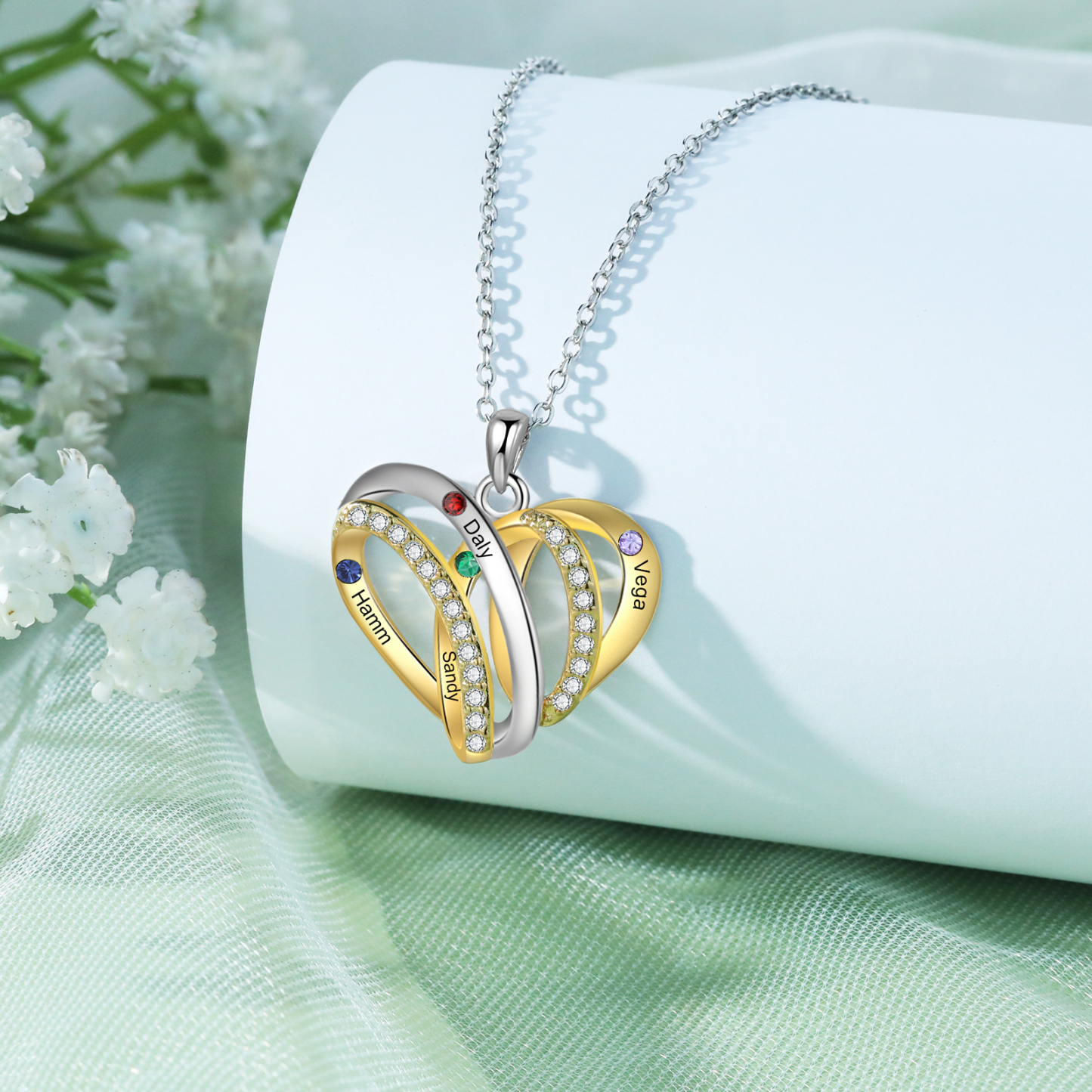 Personalised Two-Tone Heart Necklace Customized With 4 Names and 4 Birthstones for Nan | Jessmade