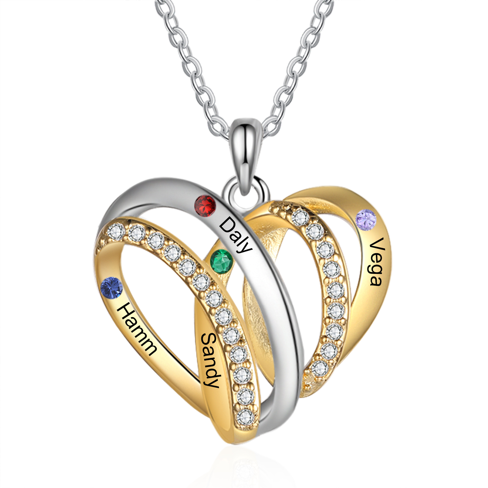 Personalised Two-Tone Heart Necklace Customized With 4 Names and 4 Birthstones for Nan | Jessmade