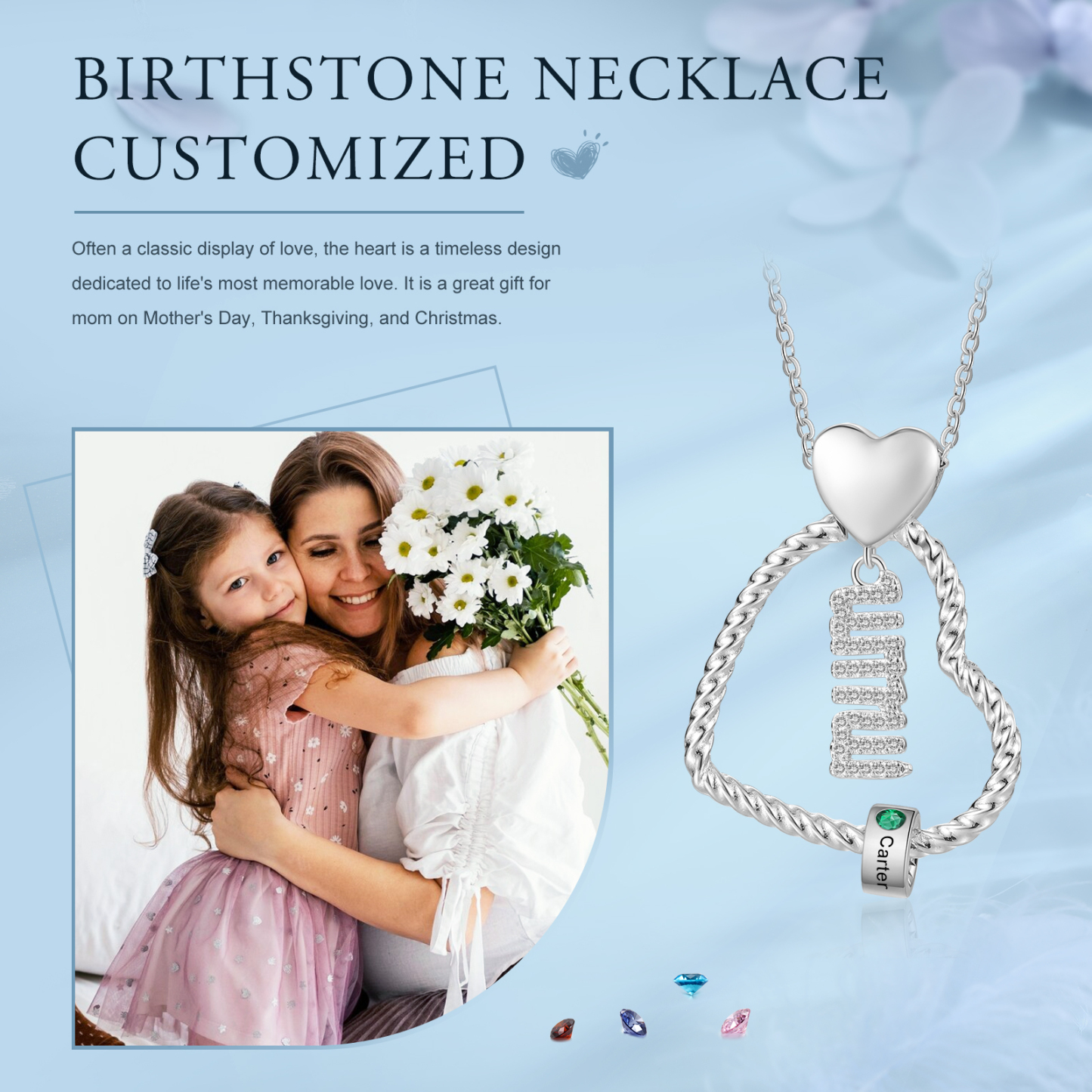 Personalized Love Necklace Customized With 1 Name and 1 Birthstone Pendant Necklace for Mum | Jessmade