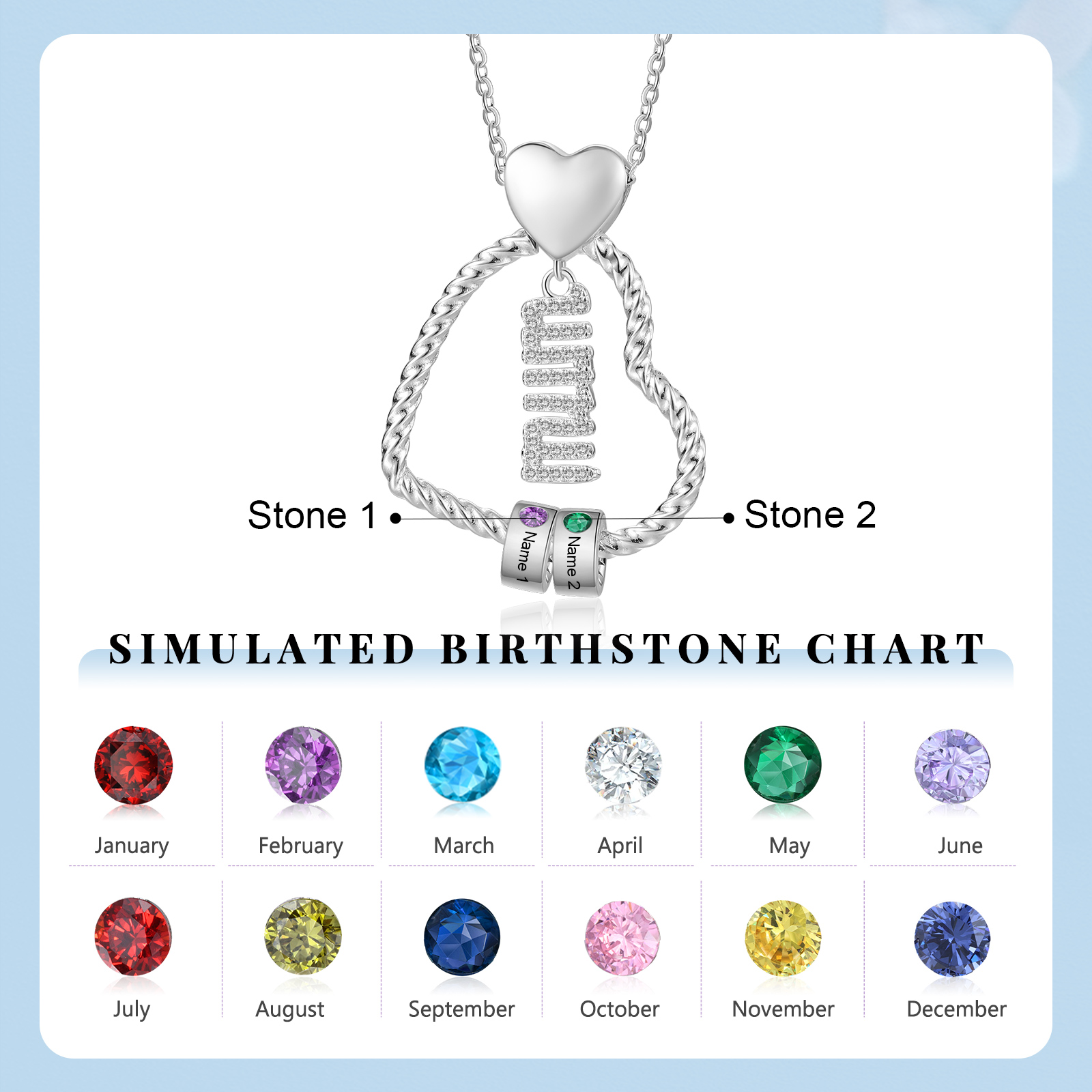 Personalized Love Necklace Customized With 2 Names and 2 Birthstones Pendant Necklace for Mum | Jessmade