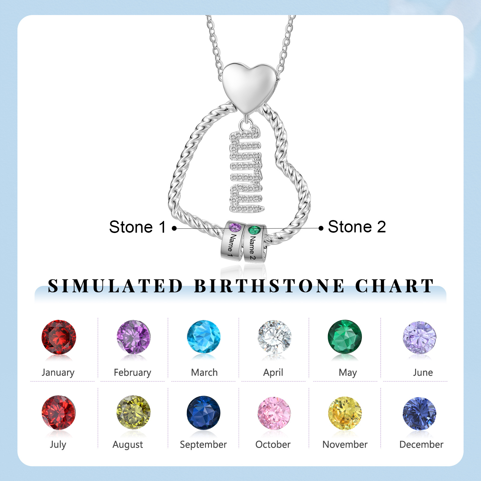 Personalized Love Necklace Customized With 2 Names and 2 Birthstones Pendant Necklace for Mum | Jessmade