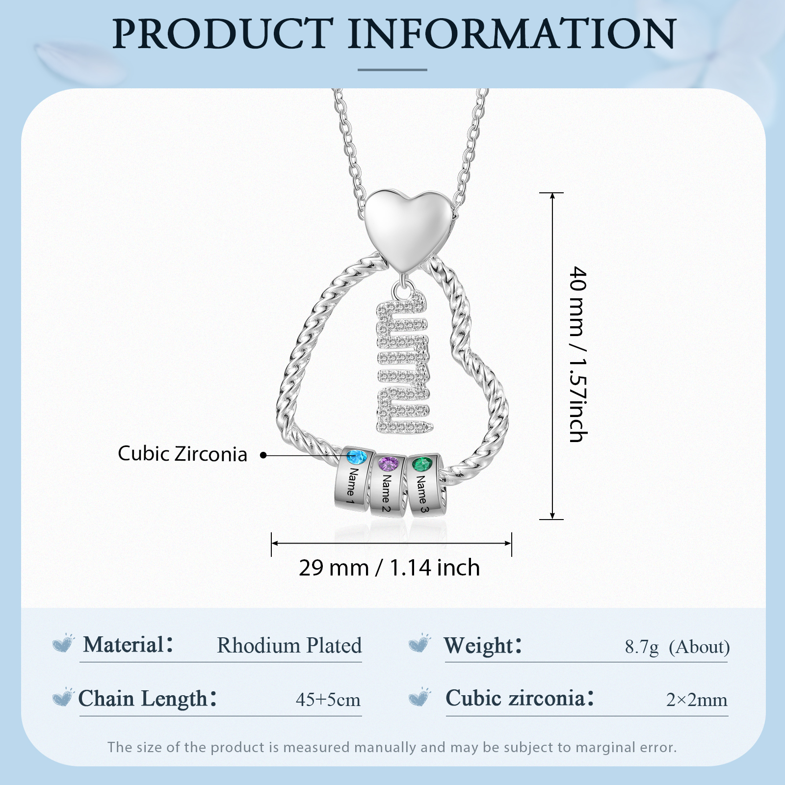 Personalized Love Necklace Customized With 3 Names and 3 Birthstones Pendant Necklace for Mum | Jessmade